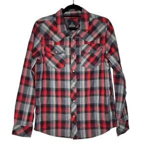 Prana Hindistan Shirt Small Red Gray Plaid Snap Button Up Organic Cotton